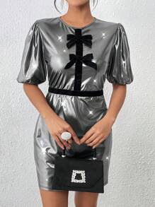 SHEIN Unity 女士优雅镀银天鹅绒蝴蝶结装饰时尚连衣裙 - 深灰色 - 查看 3