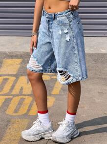 SHEIN Teen Girls Light Wash Denim Bermuda Shorts With Pockets And Distressed Details - Light Wash - View 5