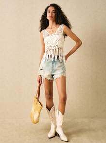 Poéselle White Crochet Top,Summer Women Outfit,Going Out Tops,Tops,Music Festival,Boho,Featuring Exquisite Crochet Patterns, Breathable And Delicate, It Adds A Distinct Texture That Makes Each Vest Stand Out.Solid Color Hand-Crocheted Tassel Camisole Asymmetrical Summer Vacation Knit Top,This Crochet Vest Showcases The Unique Charm Of Handcrafted Design, Perfectly Blending Into Bohemian Style, Suitable For Various Casual Occasions.