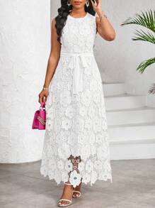 SHEIN Lady Elegant Home Dress Solid Color Lace Fabric Dress