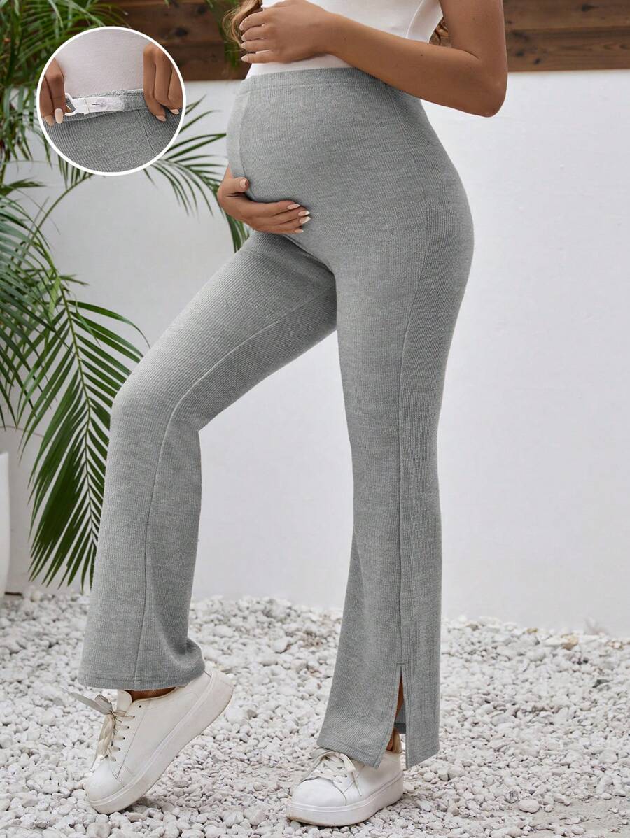 SHEIN 孕妇休闲纯色高腰喇叭裤 - 灰色 - 查看 1