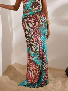 Opulessa Jupe maille imprimée taille haute ourlet sirène pour femmes