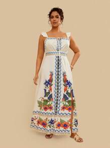 Travachic Plus Size Vintage Floral Print Tie-Up Dress, Casual Holiday Wear For Spring & Summer