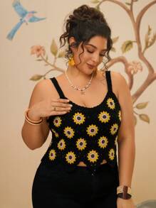 Travachic Retro Plus Size Floral Crochet Black Spaghetti Strap Top, Vacation Casual Summer Blouse For Women - Multicolor - View 4