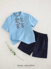 Cozy Pixies Young Boy Geo Print Mock Neck Tee & Shorts - Blue - View 7