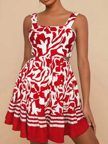 Travachic 女士编织印花后系带迷你连衣裙 - 紅色 - 查看 3