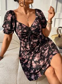 SHEIN VCAY Váy in hoa tay bồng cổ tim cỡ lớn - Nhiều màu - Xem 1