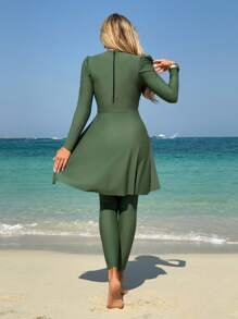 Swim Mulvari Women's Solid Color Loose Long Sleeve Top And Full Length Pants Burkini Swimsuit Set, Beach Vacation, SummerArabic Clothing - Dark Green - View 2