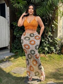 SHEIN SXY Plus Size Women Sexy Early Spring Water Soluble Lace Cami Top And Crochet Printed Skirt Two-Piece Set, Suitable For Everyday Wear, Beach Vacation, Date Night, Birthday, Bachelorette Party Outfit, Cute, Casual, Shopping, Streetwear, Going Out, Easy To Match & Looks Slim, Accent Your Body, Flatter The Figure - Yellow - View 1