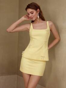 MOTF PREMIUM FAUX PEARL BOW DETAIL TANK TOP AND SKIRT - Yellow - View 7