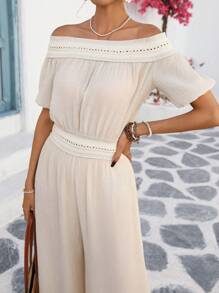 Breezaya Women's Solid Color Off Shoulder Elastic Waist Jumpsuit, Comfortable & Casual For Vacation And Daily Wear, Short Sleeve - Apricot - View 4