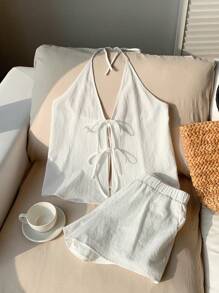 Comfortcana White Woven Women's Tie Front Halter Tank And Shorts Leisure Set - White - View 3