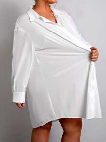 SHEIN CURVE+ Plus Size White Shirt Style Work Dress For Women, Spring - White - View 5