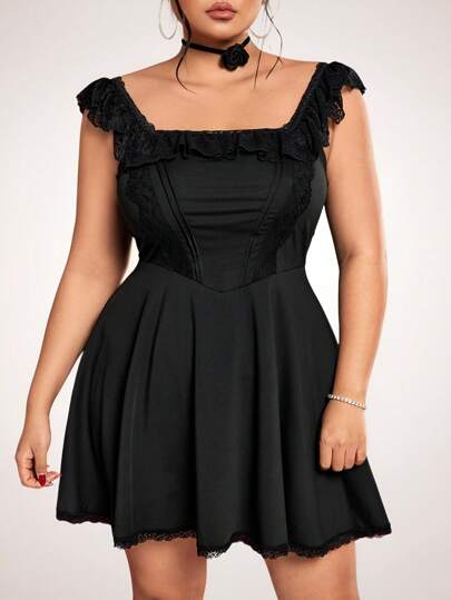 SHEIN ICON 加大码方领蕾丝荷叶边下摆 A 字形连衣裙，适合情人节约会