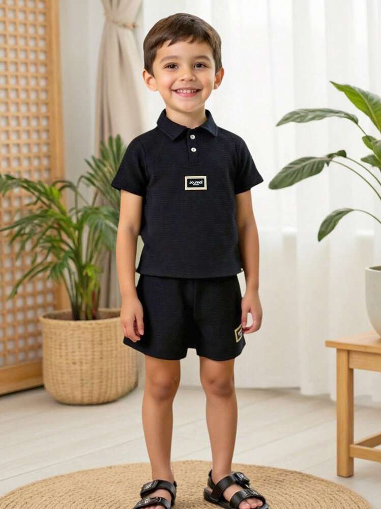 2pcs/Set Boys Letter Print Polo Shirt And Shorts Set - Black - View 3