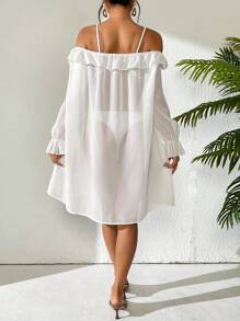 SHEIN Swim Women's White Off Shoulder Casual Cover Up Top, Spring/Summer Beach Vacation - White - View 2