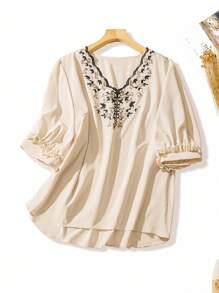 SHEIN LUNE Plus Size Holiday Casual Floral Embroidered Shirt - Apricot - View 1