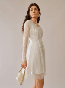 Chiquease 女士蕾丝性感镂空长袖短款连衣裙 - 白色 - 查看 4