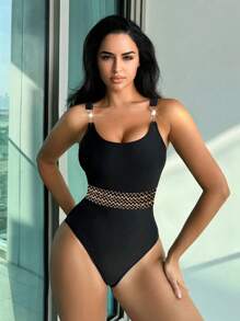 SHEIN Swim Mono elegante sin espalda con cordón en la cintura para mujer en color negro para vacaciones de primavera, Boho festival, para verano y playa