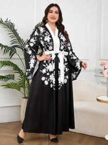 Veilorie Plus Floral Print Flounce Sleeve Belted Dress - Apricot - View 3