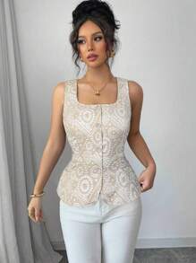 SHEIN Unity Damen Weste mit quadratischem Ausschnitt, ärmellos, strukturiertem Stoff und einzelreihiger Knopfleiste - Aprikosenfarben - Übersicht 1