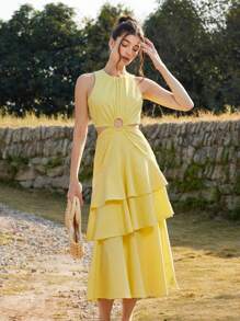 Aveloria Rosie Vestido maxi de verano con volantes en multicapa y aro hueco, de color amarillo romántico
