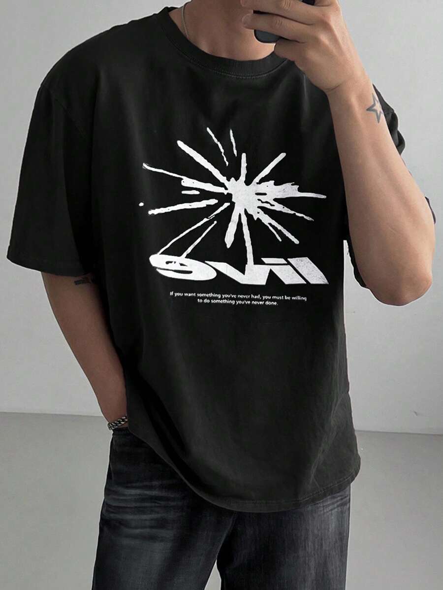 DAZY Men's Summer Geometric Pattern Letter Print Black T-Shirt - Black - View 1