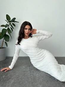Firerie Váy đuôi cá cạp cao tay dài ren jacquard thanh lịch dành cho nữ, thích hợp cho trang trọng/đi làm/nghỉ dưỡng/tiệc tùng/hẹn hò - trắng - Xem 5