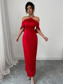 Elenzga Red Valentine's Day Dress With Neck Tie And 3D Floral Design