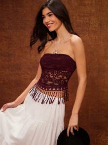 WESTFADE 夏季蕾丝半透明西部流苏露肩节日抹胸纳什维尔风格 - 棕色 - 查看 4