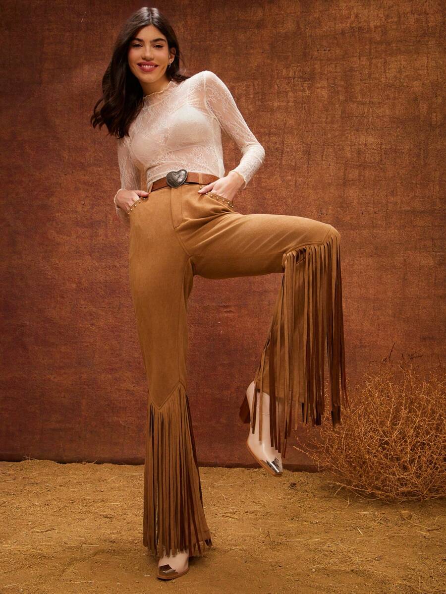WESTFADE High Rise Faux Suede Fringe Hem Western Fitted Flare Festival Pant Nashville - Camel - View 1