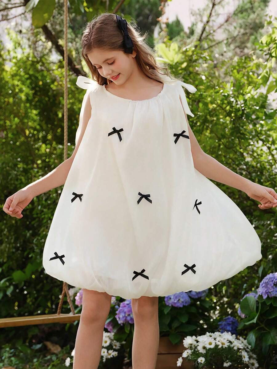 SHEIN Tween Girl 休闲优雅可爱欧根纱气球裙,无袖系带白色连衣裙,蝴蝶结装饰,适合春季、夏季、秋季、户外、学校、度假 - 白色 - 查看 1