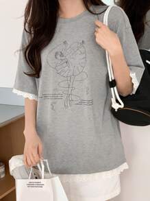 DAZY Tricou de vară pentru femei, cu guler rotund, dantelă, imprimeu de balet, mânecă scurtă, topuri drăguțe