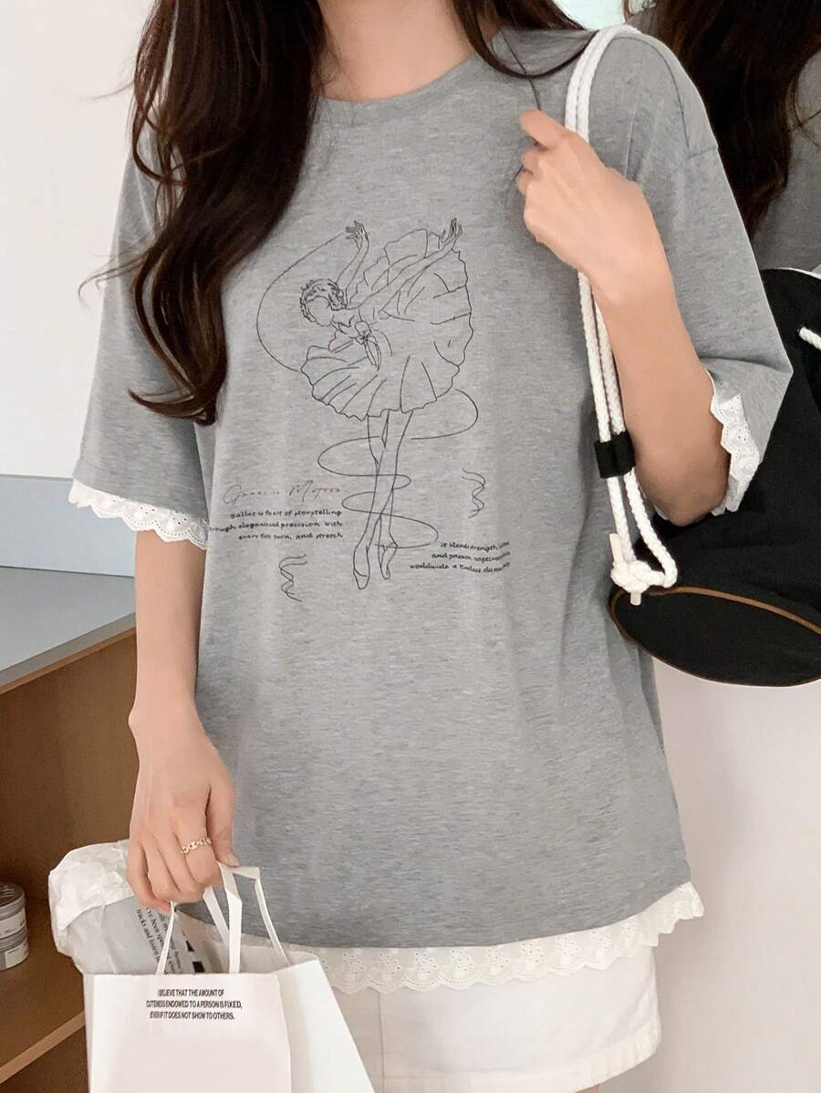 DAZY Women's Round Neck Lace Panel Ballet Print Short Sleeve T-Shirt Summer Cute Tops - Grey - View 1