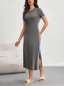 Round Neck Short Sleeve Striped Ribbon Patchwork Side Split Bodycon House Dress - Grey - View 3