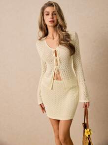 Poéselle Soft Yellow Knit Crochet Skirt Set Two Pieces With Lace Up Flared Sleeve Cardigan And Mini Skirt, Seaside Vacation With Swimwear - Perfect For Stylish Layering, Beach Days And Casual Chic Styles - Yellow - View 5