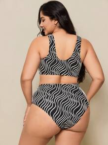 SHEIN Swim Curve 大码 2 件套斑马纹面料 V 形棕褐色休闲女士比基尼套装，夏季海滩度假 - 黑與白 - 查看 2