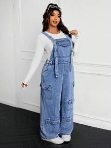 SHEIN EZwear Plus Size Denim Jumpsuit Simple And Fashionable Casual Everyday - Blue - View 5