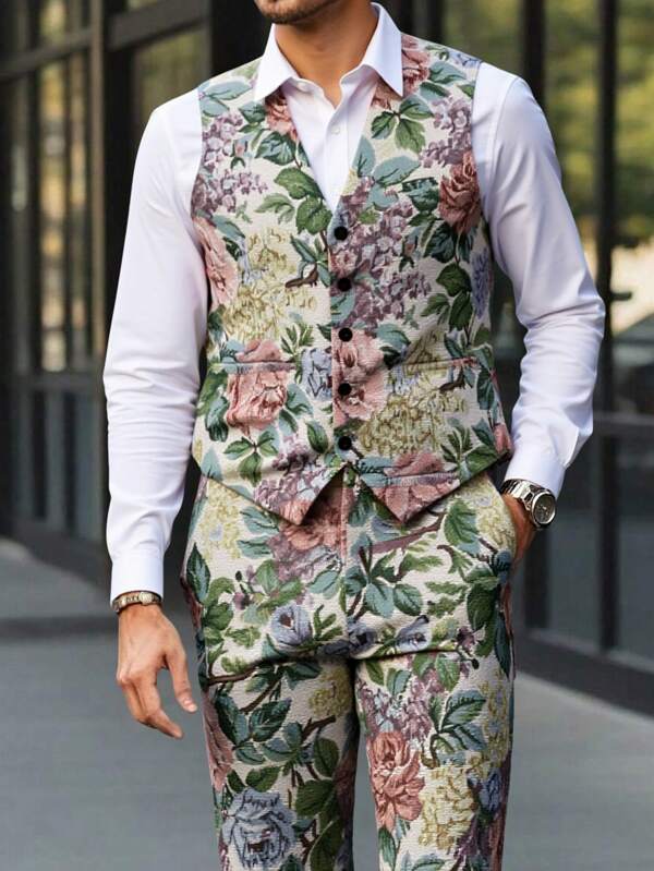 Manfinity Bizformal Men's Fashion Casual Retro Luxury Floral Texture Jacquard Shawl Collar Lapel Fashion Design Men's Vest Trousers Suit. Combining Retro Aesthetics With Modern Fashion, Spring And Autumn Men, Couple Outfit Matching Style, Going Out Fashion Colorful Pattern Vest Simple Trousers, Suitable For Gifts For Friends, Husbands, Boyfriends Wedding Outfit For Men Full Outfit Men 2 Pieces Outfits Men Two Pieces Outfits