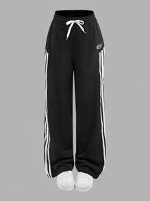 SHEIN 2 Stücke/Set für Teenager Mädchen Lässiger Sport Buchstaben & Symbol Muster weiß ärmellos Strick-Trägertop und weite Hose mit Kordel Dekor, vielseitige Sommer Mode