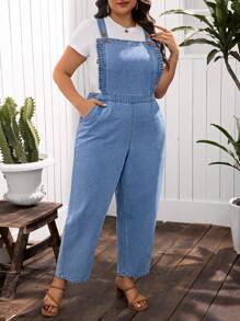 SHEIN LUNE Plus Size Washed Denim Bib Overalls, Casual Vacation - Light Wash - View 2