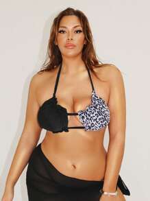 SHEIN Swim Plus Size Sexy Patchwork Leopard Print Lace-Up Bikini Top, Suitable For Beach, Summer Vacation - Multicolor - View 4