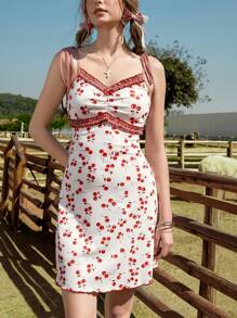 ROMWE Kawaii Women's Sexy Cherry Graphic Country Style Mini Dress - Red and White - View 2