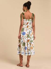 Travachic Đầm midi hở vai họa tiết cây dừa nhiệt đới cho nữ - Nhiều màu - Xem 2