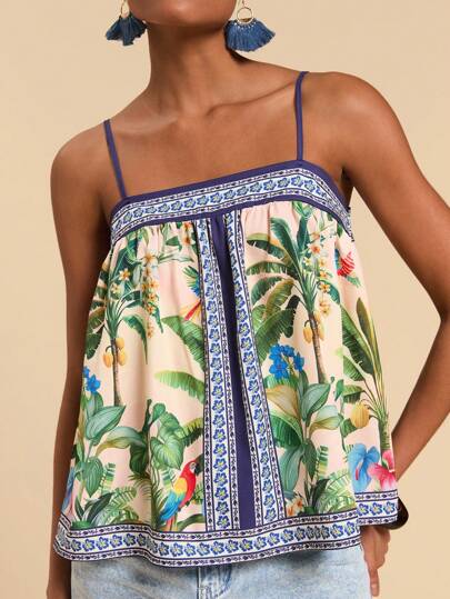 Travachic Vacation Casual Loose Tropical Print Sling,Summer Outfits For Women,Tropical Vacation Woman Clothes,Summer,Tank Top,Suitable For Holiday Date, Afternoon Tea, Wedding Season, Beach Cruise Vacation, City Road Trip Vacation, Boho Vacation, Music Festival ,Elegant Tops For Women