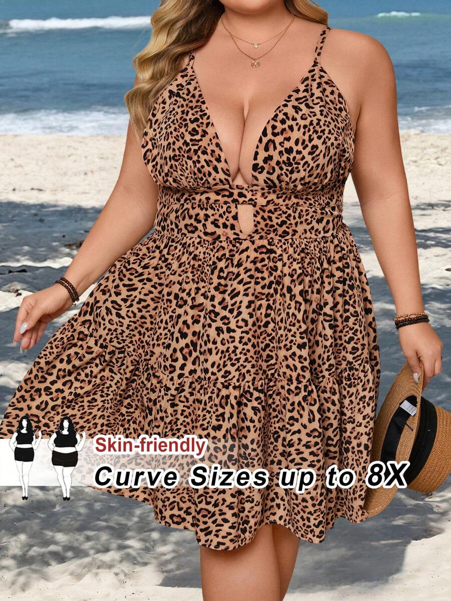 SHEIN CURVE+ Plus Size Spaghetti Strap Leopard Print Hollow Casual Short Dress, Suitable For Valentine's Day With Rose, Heart, Polka Dot, Love, Lip, Cupid, 3D Flower Patterns, Beach And Resort Wear Boho Vacation