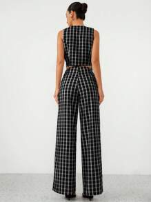 Aveloria Modichic 格纹开领V领假口袋腰部设计背心搭配女士阔腿裤女士两件套 - 彩色 - 查看 2