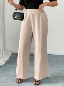 Elenzga 大码优雅简约纯色直筒阔腿修身松紧腰长款西装裤