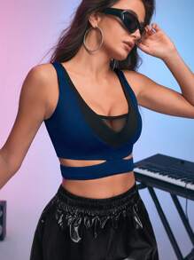 Menodora SHEIN Sport Women's Contrast Color Splicing Mesh Hollow Design Daily Fitness Sports Bra - Navy Blue - View 3