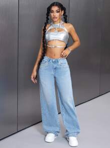 SHEIN ICON Women's Fringed Rhinestone Design Pocket Wide-Leg Casual Jeans - Medium Wash - View 2